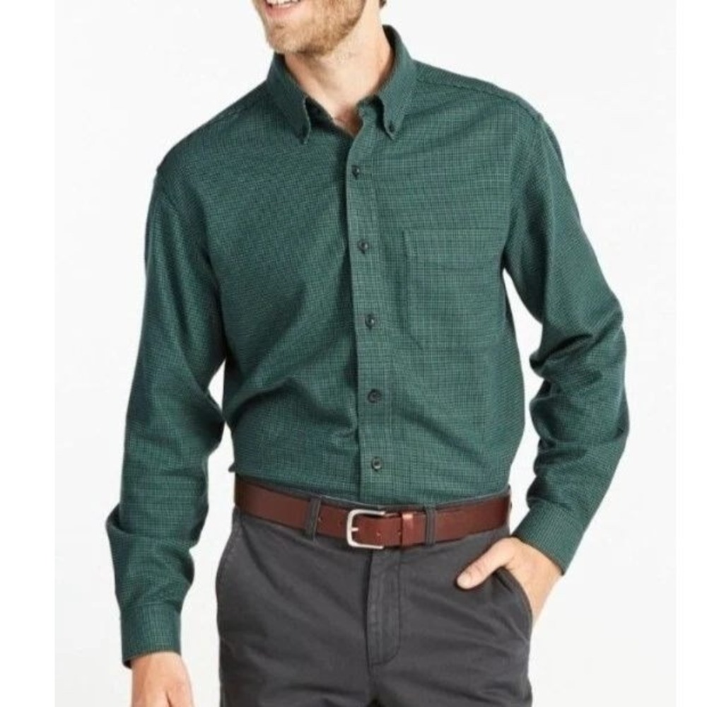 L.L Bean Flannel Shirt Men's L Green Cotton Houndstooth Slightly Fitted